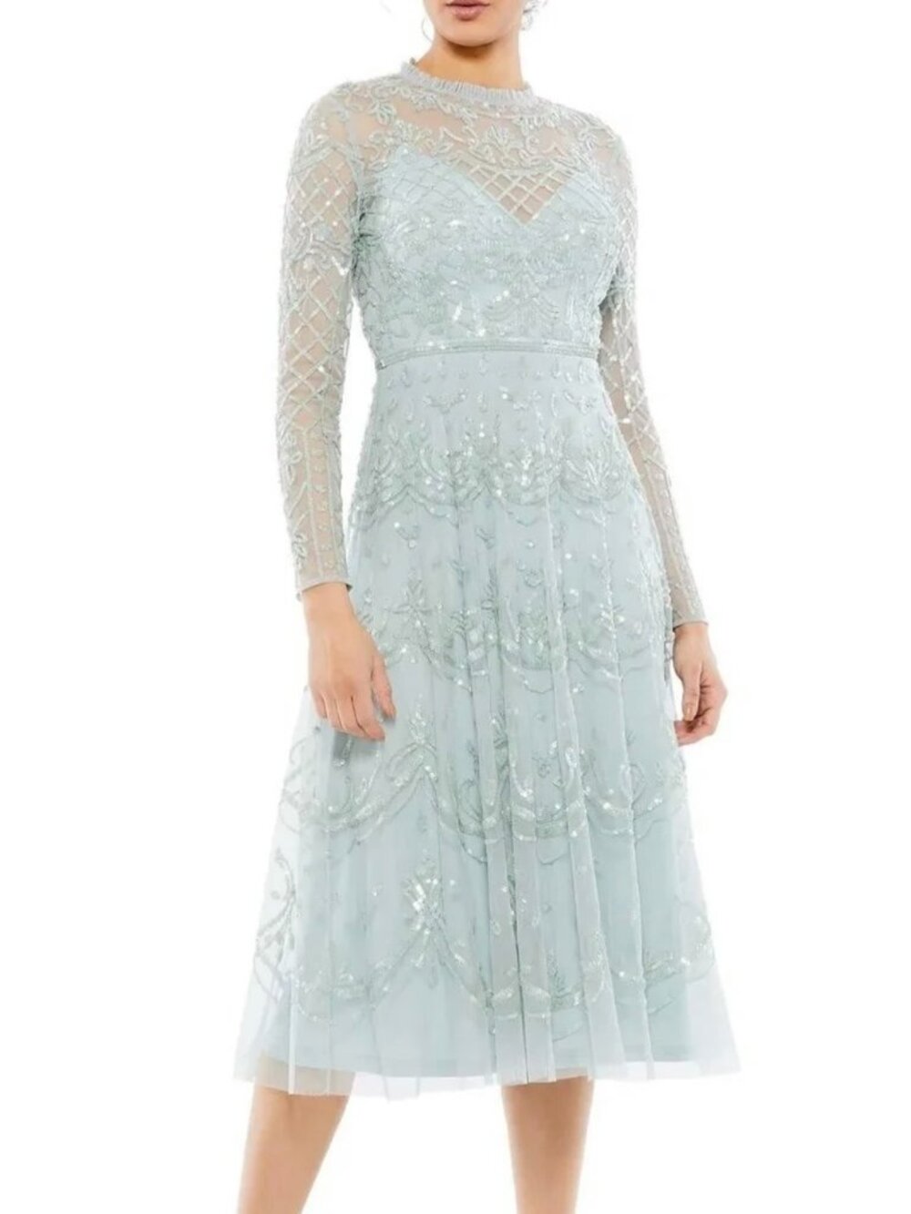 Mac Duggal Seafoam Sequin Illusion Long Sleeve Midi Dress NWT 10